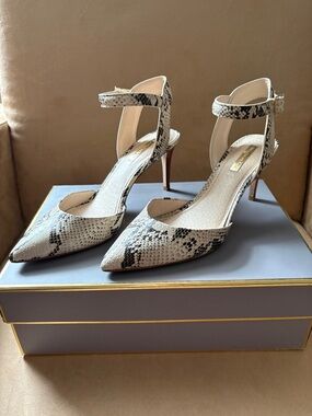 Louise et Cie LO-KOTA Snake-Print Pointed Toe Ankle Strap Heels